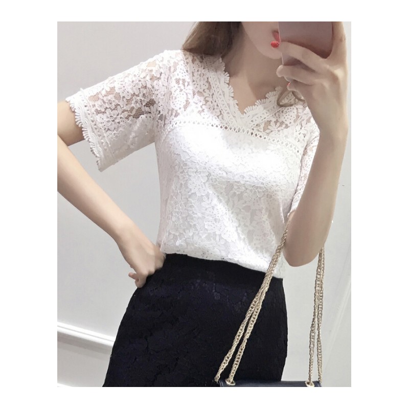 2018夏季新款蕾丝女装V领短袖T恤韩版镂空蕾丝上衣修身显瘦雪纺衫白色