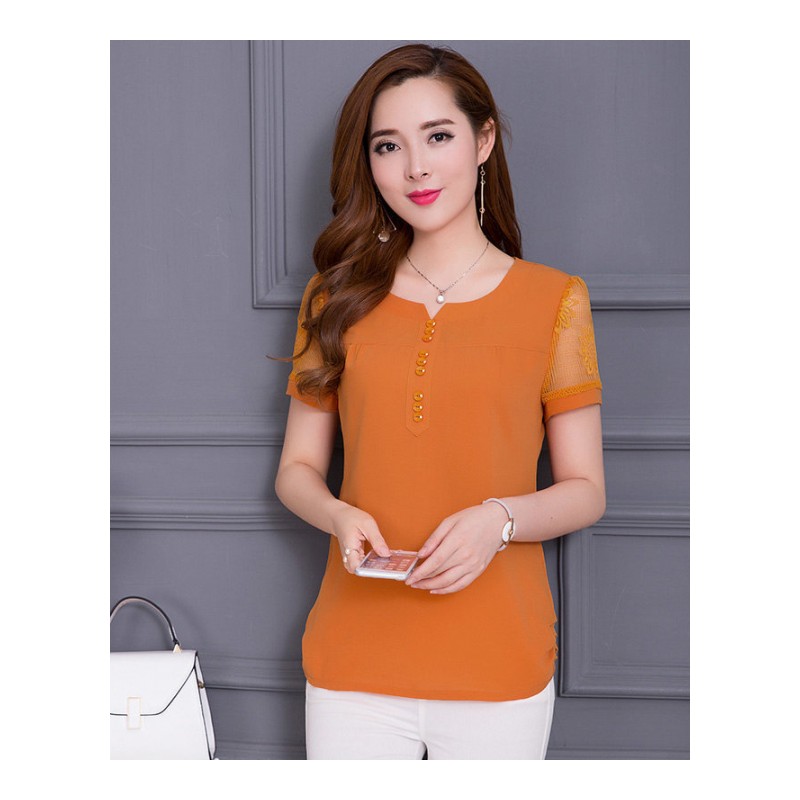 2018夏季新款大码修身纯色短袖雪纺衫上衣女韩版短款气质显瘦小衫 橙黄 L