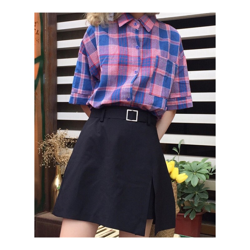 春夏女装韩版学院风撞色百搭宽松短袖格子衬衫学生打底衫衬衣上衣蓝色均码