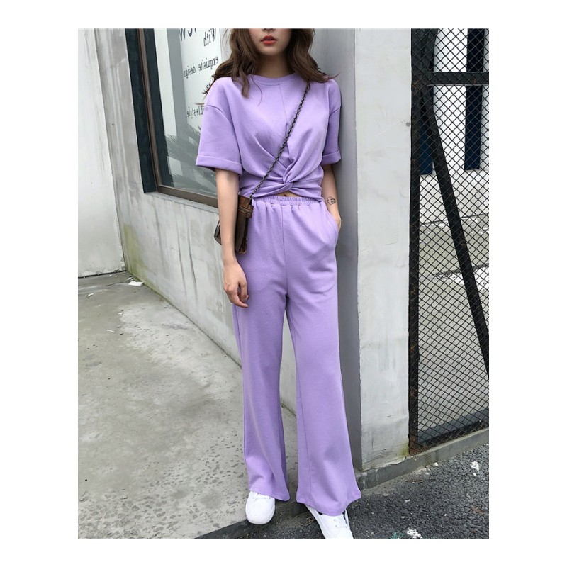 韩版时尚休闲套装夏装女装短款短袖T恤上衣+高腰阔腿裤长裤两件套黑色均码