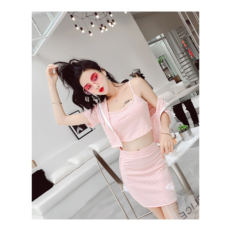 时尚套装女夏2018新款韩版休闲条纹连帽外套+背心带+百搭半身裙粉红色均码
