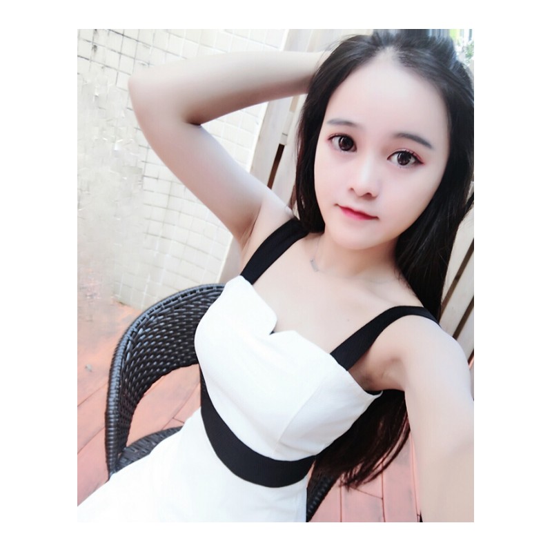 2018夏装新款女韩版时尚气质性感露肩带黑白撞色收腰修身连衣裙白色