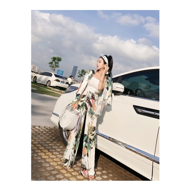 2018夏装韩版时尚翻领印花系带气质修身显瘦西服两件套花绿色