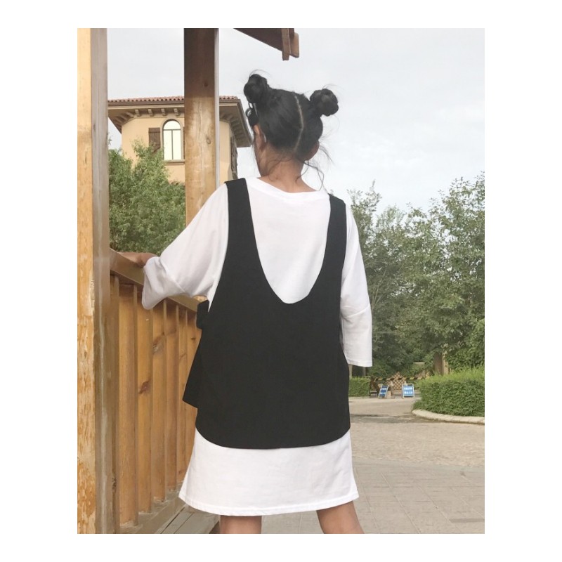 春夏女装韩版中长款宽松纯色短袖T恤学生中袖打底衫体恤上衣+背心蓝+白均码