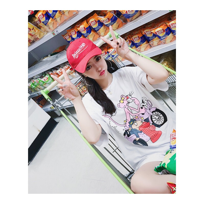 2018春装新款搞怪卡通印花圆领短袖T恤女韩范宽松中长款学生上衣 白色 均码