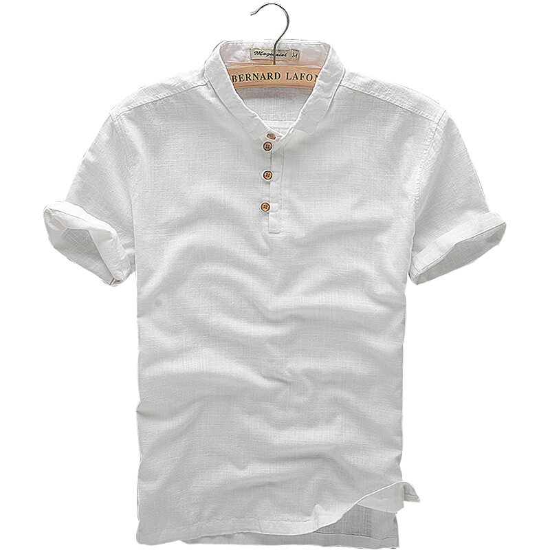 夏季亚麻短袖T恤男士韩版宽松polo衫纯色百搭休闲衬衫领半袖体恤T白色C1614
