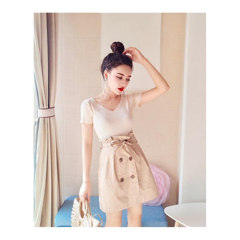 2018夏季时尚俏皮套装女纯色圆领百搭针织上衣+包臀显瘦半身裙女