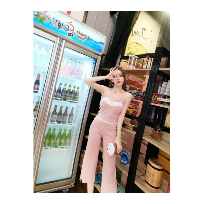 2018韩版夏装新款时尚V领撞色带背心+高腰显瘦九分裤两件套女潮粉色均码