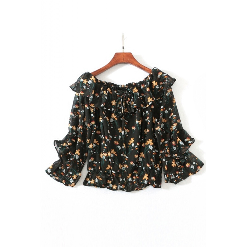 碎花衬衫女2018夏季一字领绑带荷叶边雪纺印花上衣韩版宽松印花混色