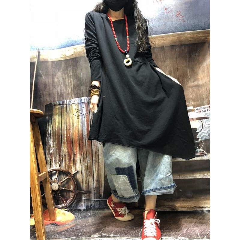 复古纯色圆领T恤女中长款2018春季新款宽松大码不规则内搭上衣黑色均码