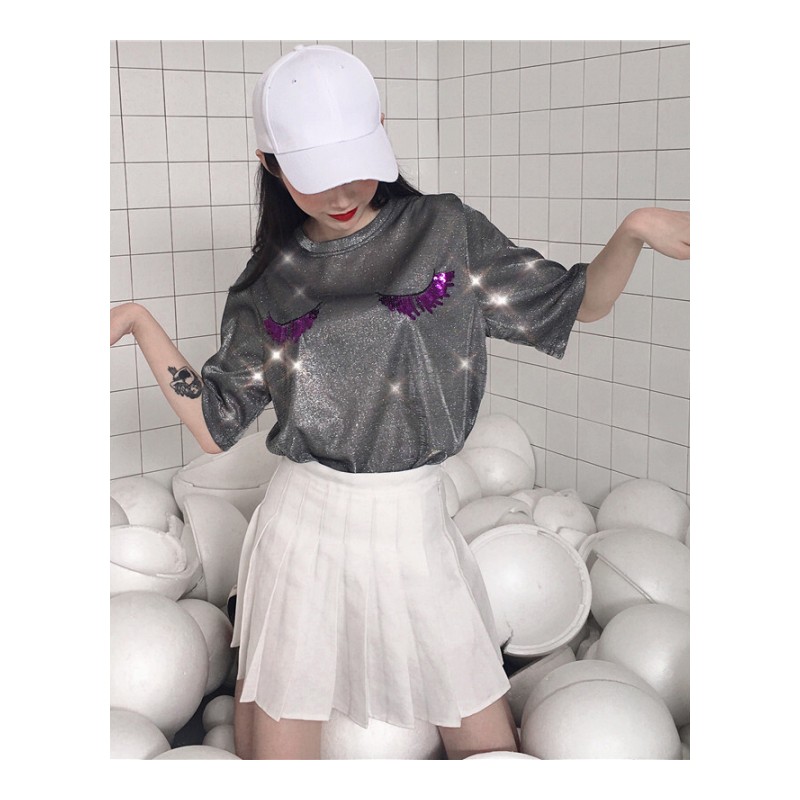夏装女装韩版宽松个性闪光绣金片亮丝短袖T恤半袖打底衫上衣学生灰色均码