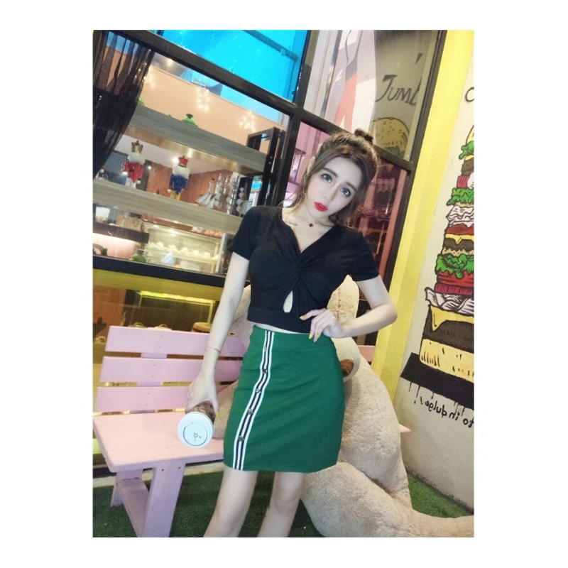 时尚套装女夏2018新款百搭显瘦V领交叉上衣+休闲高腰修身包臀裙潮黑+绿均码