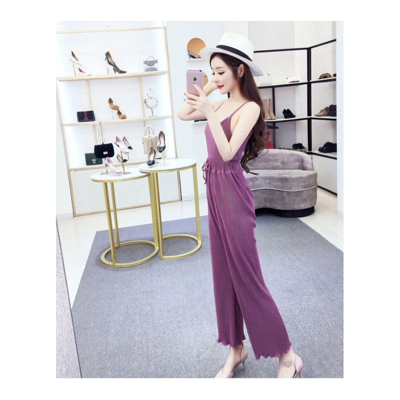 2018夏季新款韩版百搭带上衣+松紧腰休闲长裤俏皮两件套装女潮 紫红色 均码