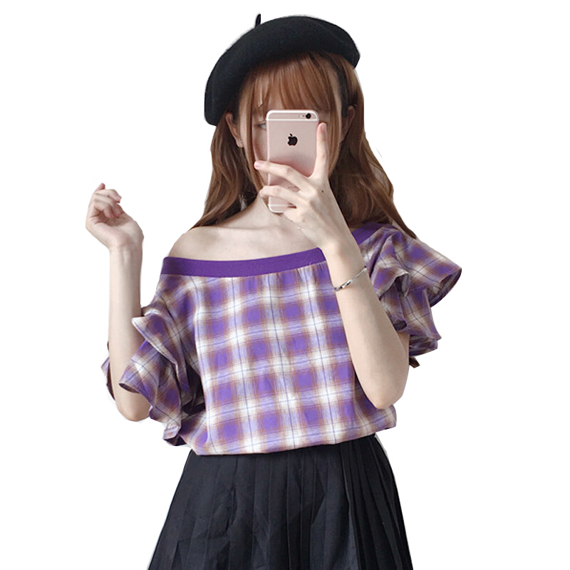夏装女装韩版气质小性感露肩斜肩喇叭袖短袖T恤学生半袖上衣体恤紫色均码