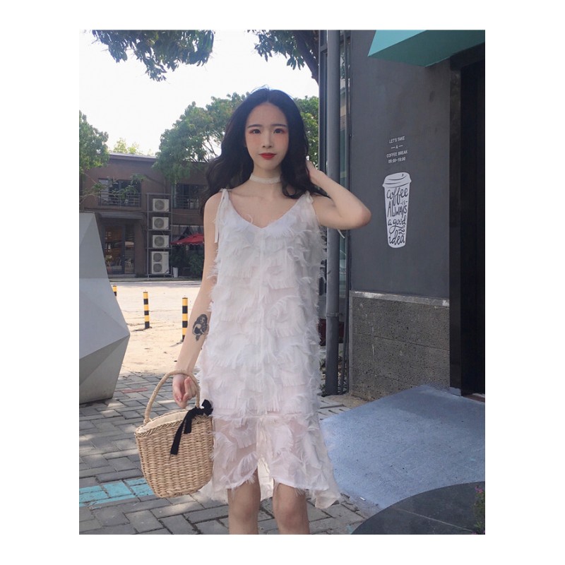 春夏女装韩版中长款小清新V领度假风气质羽毛带裙连衣裙长裙潮白色羽毛均码
