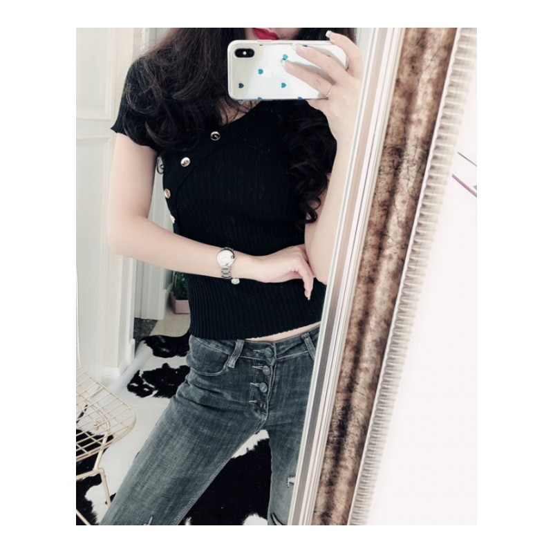 2018夏季新款时尚名媛气质不对称纽扣修身显瘦冰爽丝针织短袖上衣蓝色均码