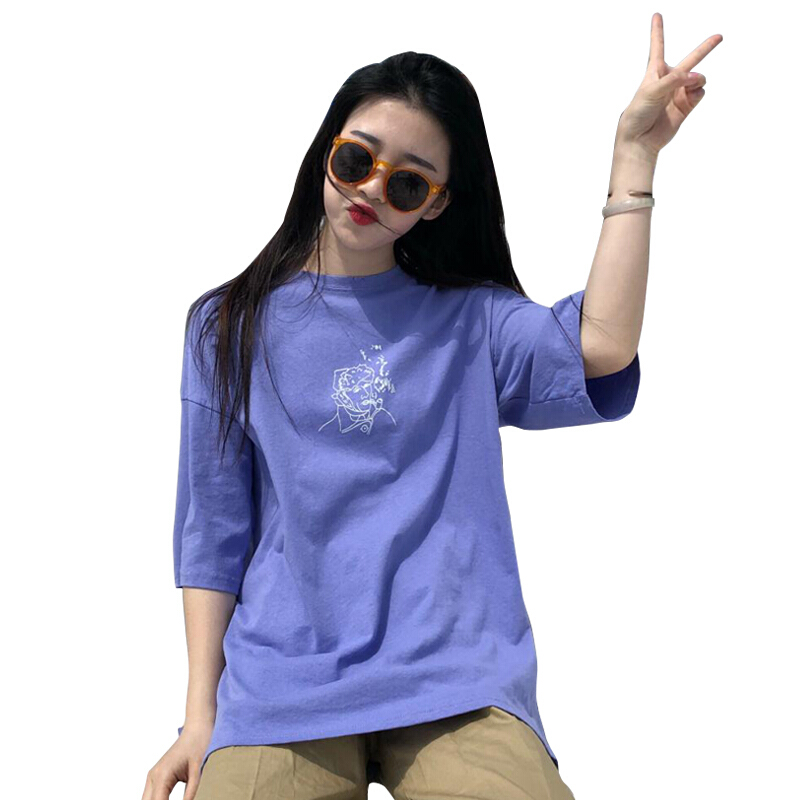 春夏女装韩版卡通印花开叉宽松短袖T恤学生半袖上衣打底衫体恤潮白色均码