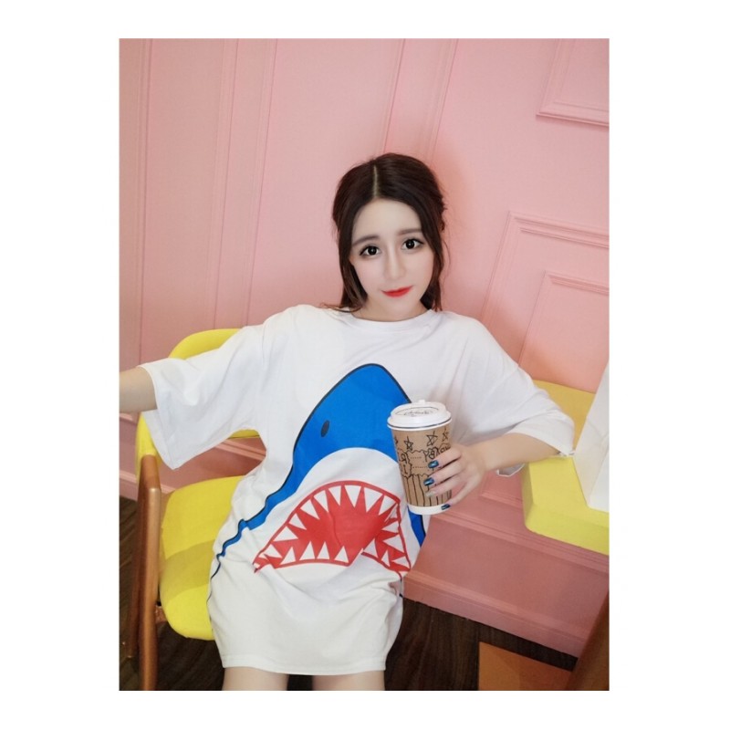 韩版夏装2018时尚宽松短袖中袖鲨鱼印花图案T恤中长款上衣女 白色 均码