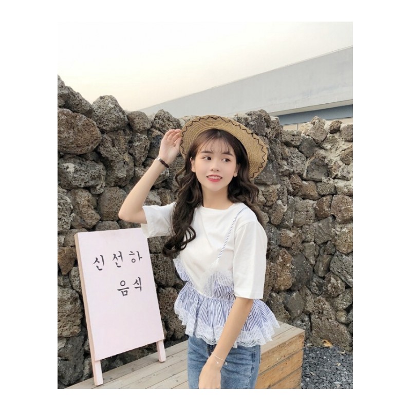 春夏女装韩版蕾丝花边带假两件短袖T恤学生半袖打底衫上衣体恤黑色均码