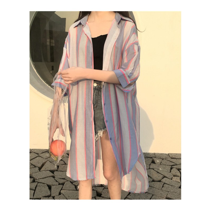 夏装女装韩版中长款宽松彩条防晒衣短袖衬衫学生百搭风衣衬衣上衣 蓝色 均码
