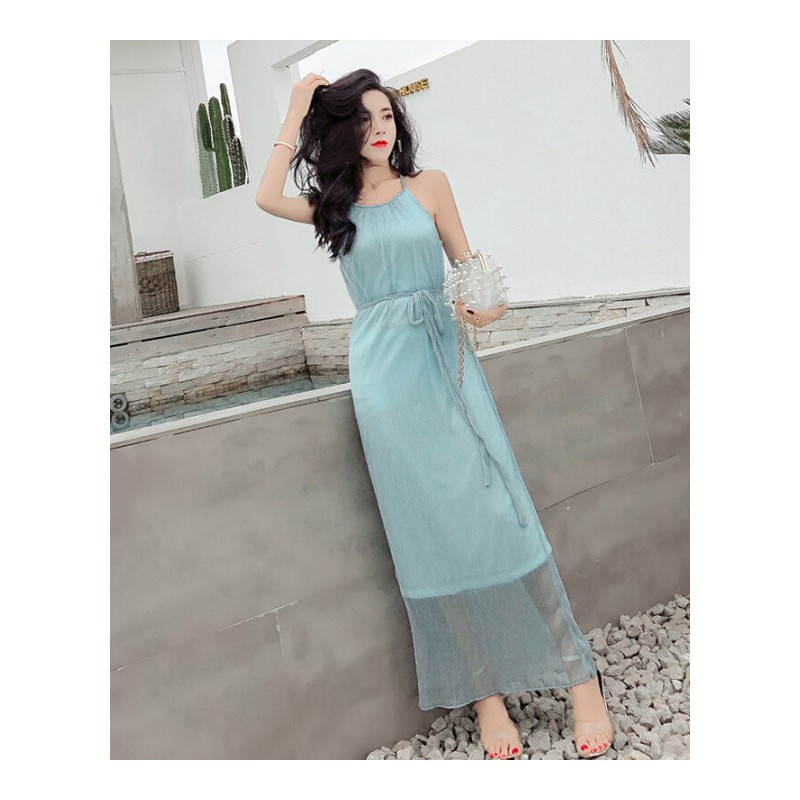 2018夏季新款韩版度假一字肩无袖带裙气质挂脖连衣裙仙女裙女潮红色#20