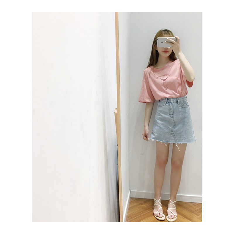 付臭美2018夏装新款韩版圆领印花短袖T恤女宽松百搭休闲百搭上衣 粉色 均码