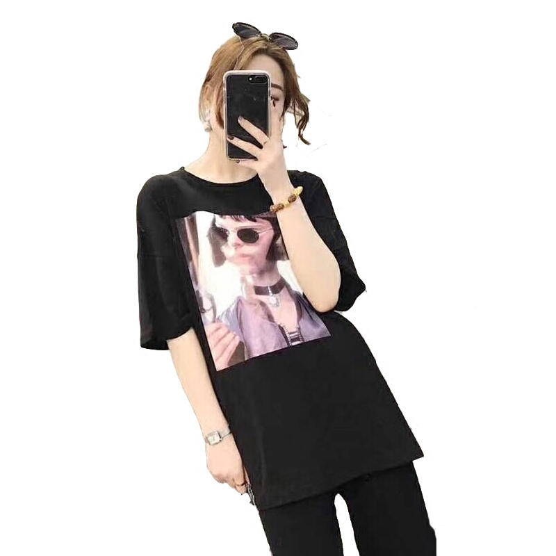 短袖女2018新款韩版圆领套头美女头像侧开叉中长款百搭宽松T恤潮黑色T均码