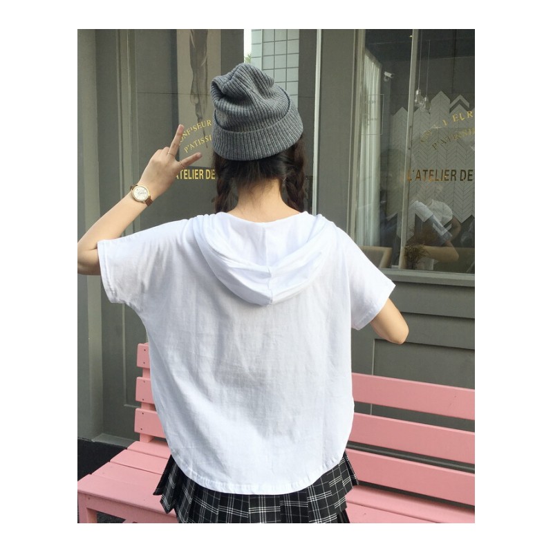 夏装女装韩版宽松小清新纯色连帽短袖T恤学生休闲百搭体恤上衣潮 白色 均码