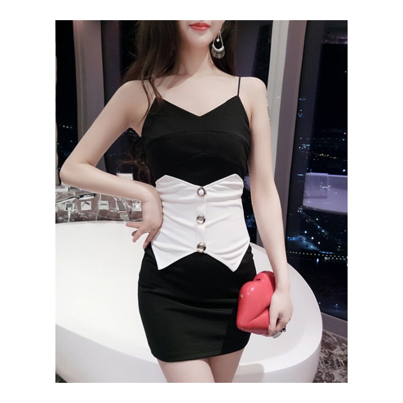 夏装2018韩版新款时尚百搭带V领修身显瘦小黑裙包臀收腰连衣裙黑色