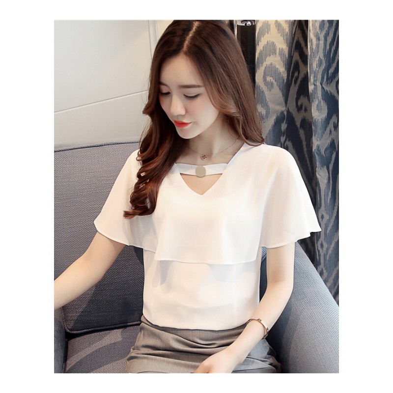 2018夏季新款韩版V领宽松雪纺衫女荷叶边超仙女上衣时尚洋气小衫