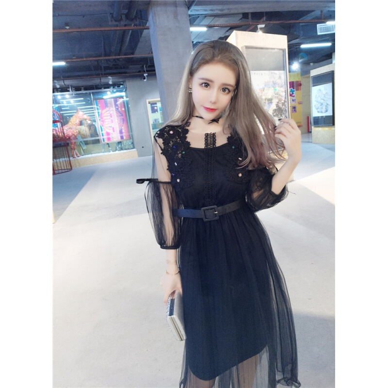 2018夏季新款时尚气质七分袖订珠拼接网纱百搭显瘦女两件套连衣裙杏色均码