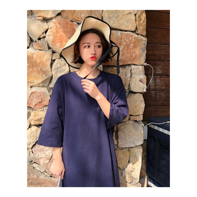 春夏女装韩版宽松百搭纯色中长款过膝短袖T恤学生体恤上衣连衣裙蓝色均码