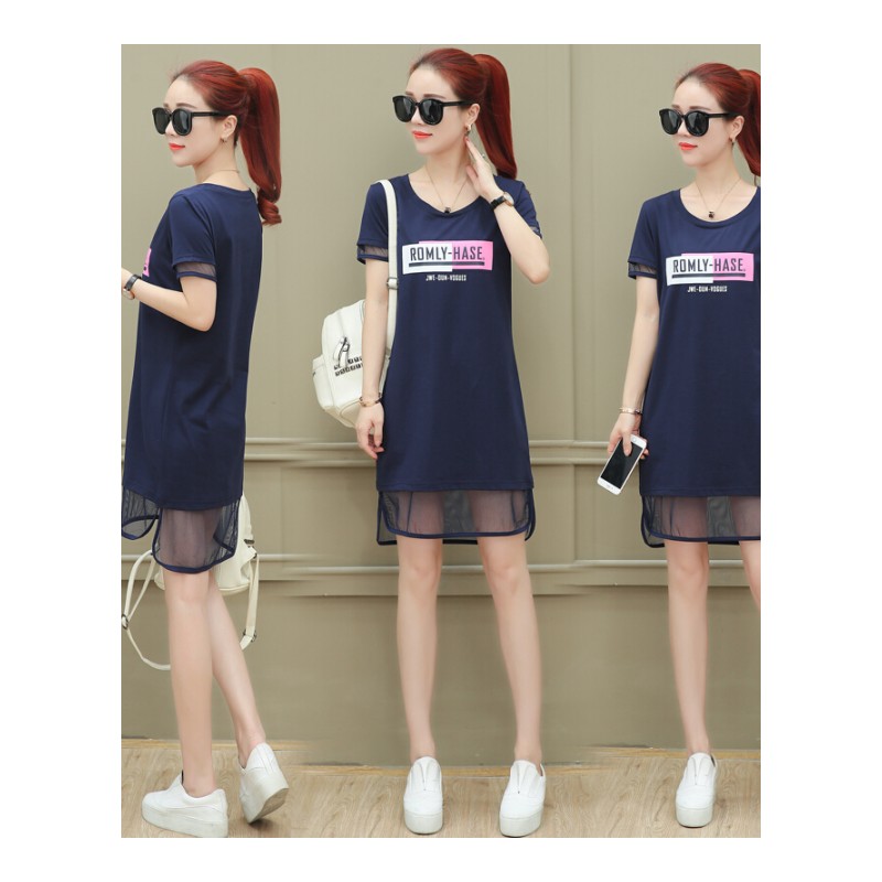 中长款短袖T恤女2018新款夏装韩版宽松网纱拼接时尚休闲半袖上衣