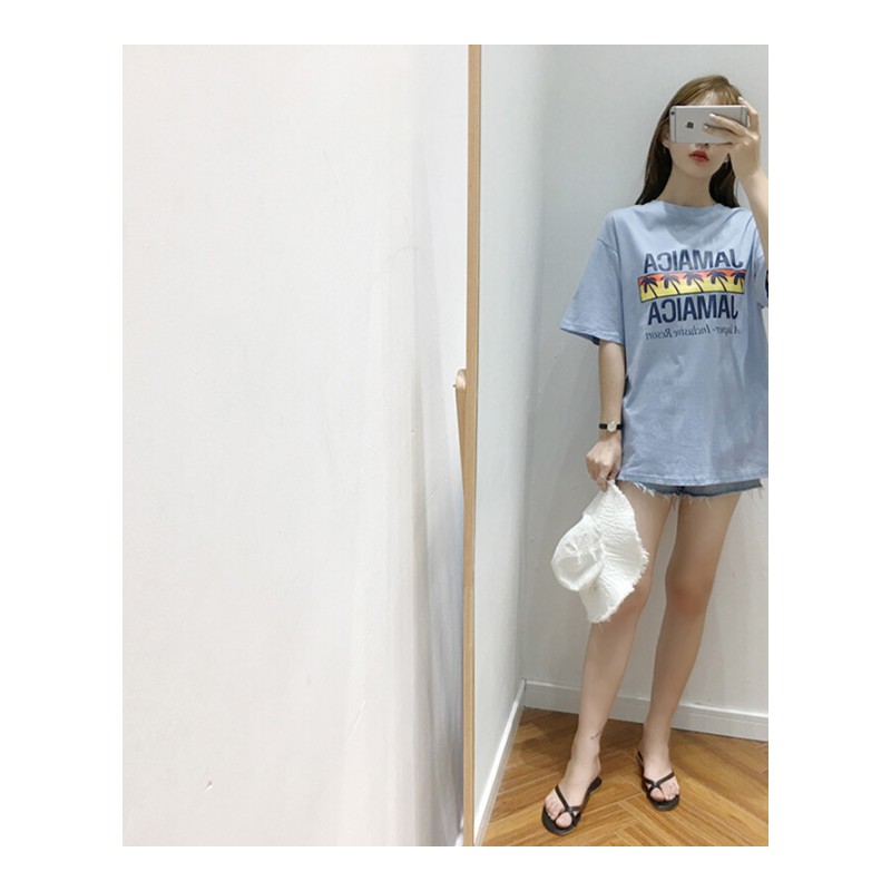付臭美2018夏装新款韩版圆领印花短袖T恤女中长款大版上衣学生白色均码