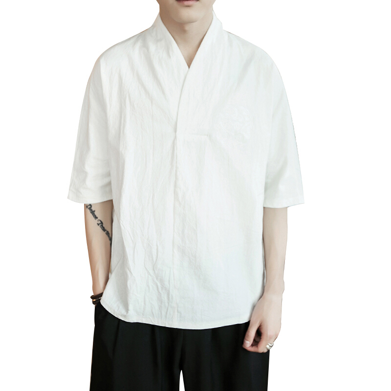 中国风宽松T恤男大码复古风汉服夏季佛系刺绣衣服5五分袖体恤和服黑色T25
