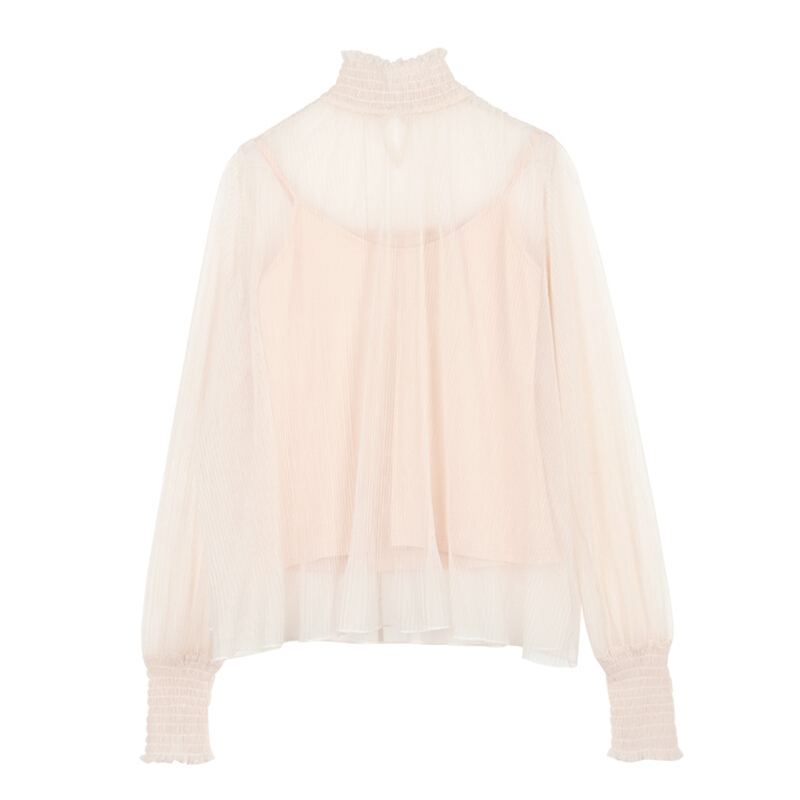 小带两件套2018新款蕾丝衫喇叭袖超仙气质网纱打底上衣女杏色