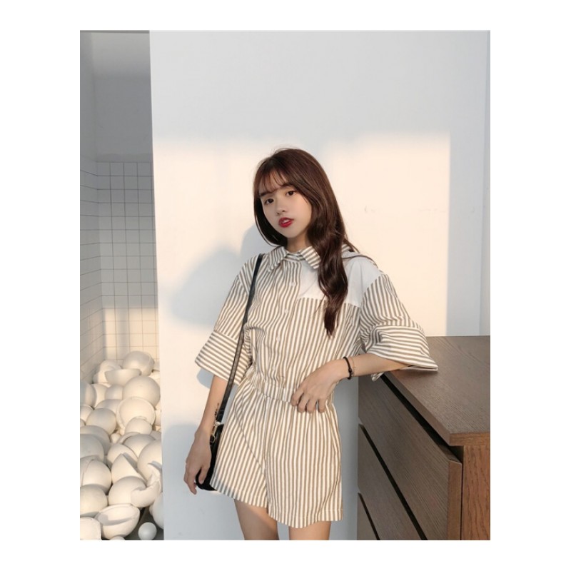 夏装女装韩版宽松时尚条纹衬衣领连体裤阔腿裤显瘦休闲裤学生短裤绿色均码