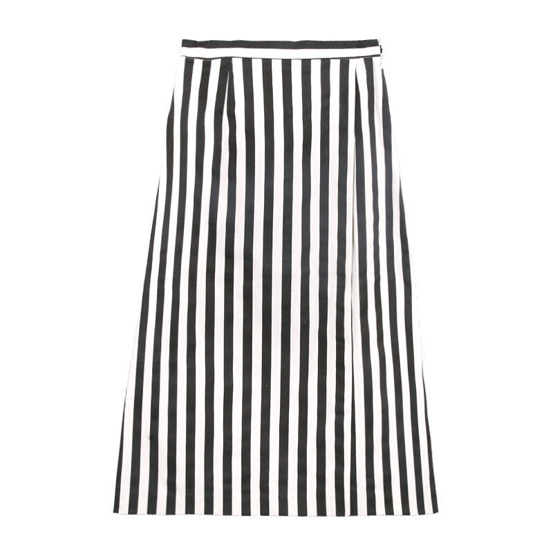 2018新款韩版开叉半身裙中长款黑白竖条纹不规则半身长裙黑白条纹