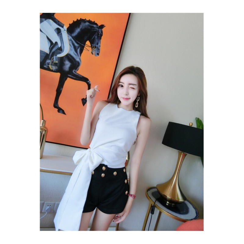 2018夏装新款性感圆领无袖上衣T恤修身蝴蝶结显瘦时尚气质潮人女白色