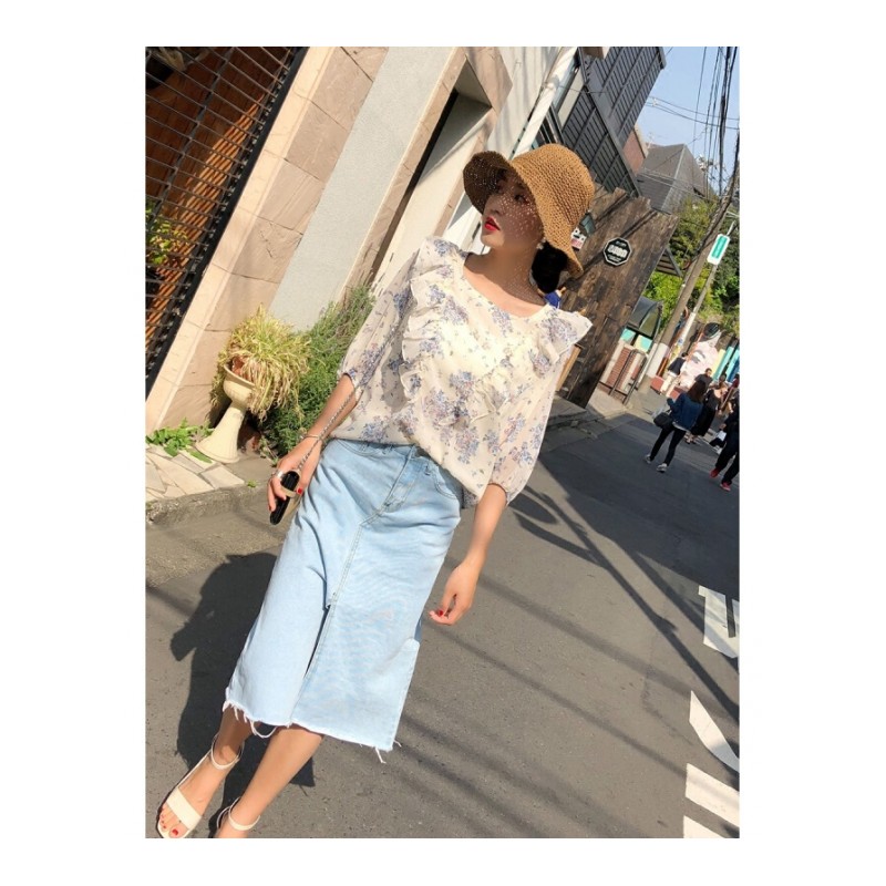 2018夏装新款女装裙子韩版百搭高腰开叉牛仔半身裙女中长款a字裙浅蓝色
