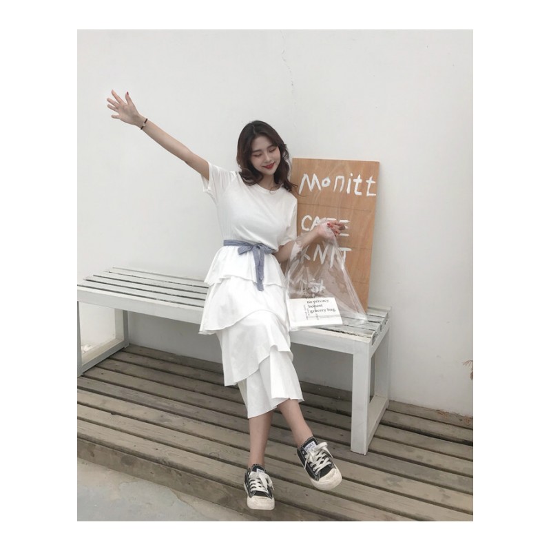 夏装女装韩版宽松气质中长款圆领收腰短袖裙连衣裙荷叶边长裙黑色均码