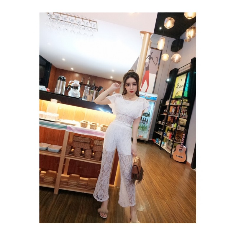套装女夏时尚新款韩版松紧腰显瘦蕾丝上衣+长裤气质修身两件套潮
