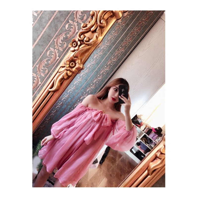 2018韩版舒适气质名媛性感一字肩灯笼袖飘逸宽松胸口系带连衣裙女玫粉均码