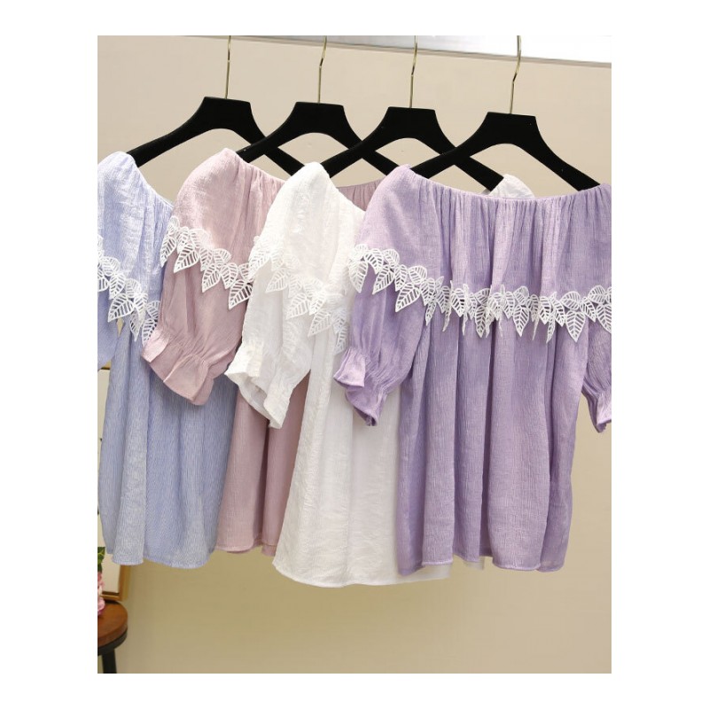 雪纺衫女夏季2018韩版新款短袖小清新露肩甜美纯色一字领上衣潮