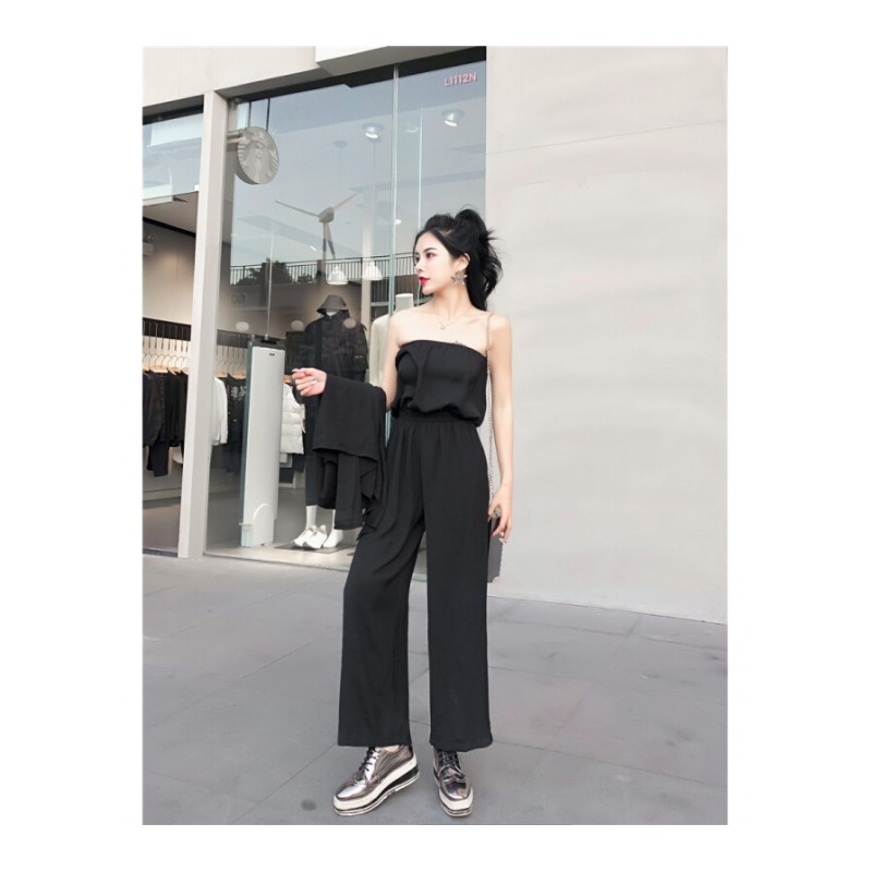 2018春夏新款韩版时尚气质名媛收腰抹胸连体裤+开衫外套两件套女