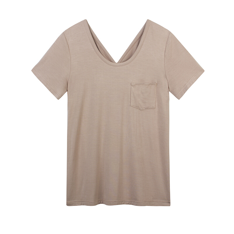 夏季后背镂空设计短袖T恤女韩版小心机宽松上衣气质百搭打底衫卡其色
