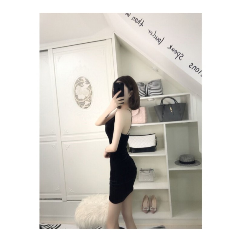 气质韩版性感夜店修身后背交叉丝绒带包臀紧身打底连衣裙女装潮 黑色 均码