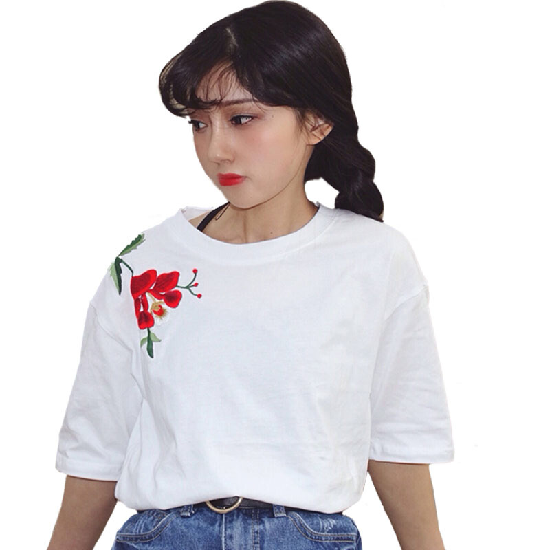春夏女装韩版个性贴布花朵宽松短袖T恤学生休闲中袖上衣打底衫潮白色均码