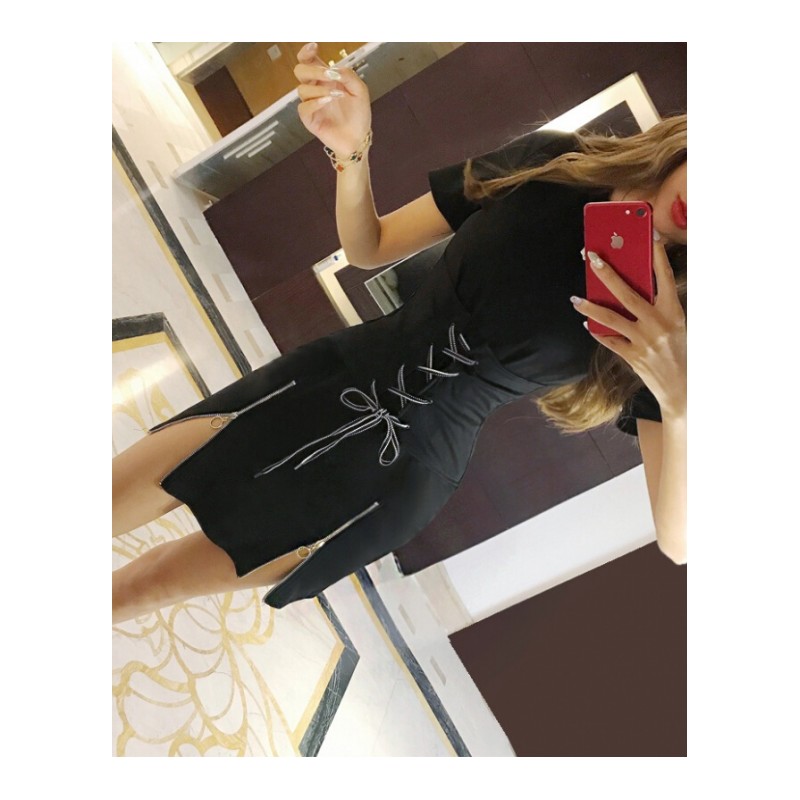 2018夏装韩版新款时尚绑带交叉收腰下摆开叉拉链性感黑色连衣裙潮黑色