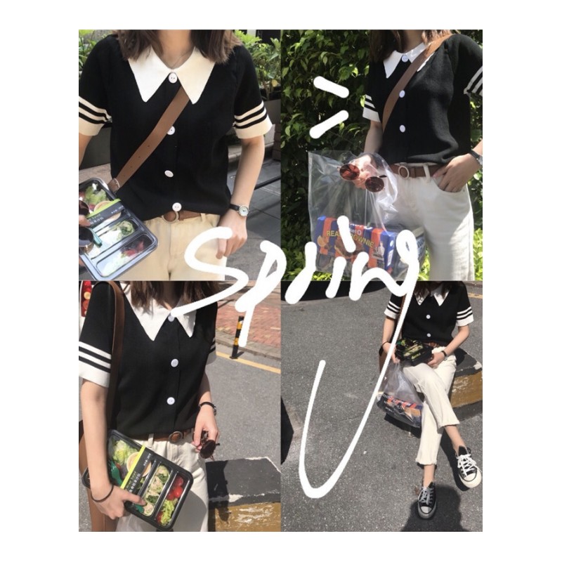 夏装女装韩版小清新修身显瘦条纹短袖翻领针织衫毛衣打底衫上衣潮白色均码